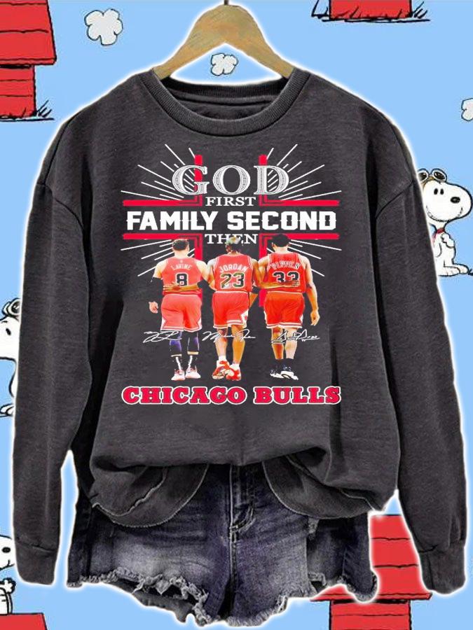 God first family second then Chicago Bulls Lavine and Jordan and Pippen signatures shirt t-shirt sweatshirt
