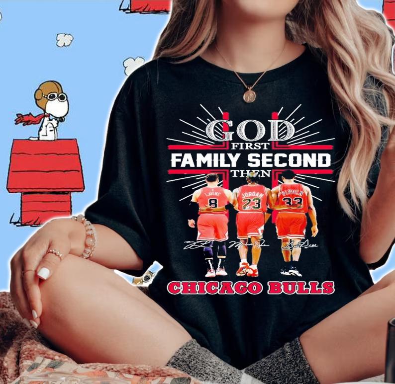God first family second then Chicago Bulls Lavine and Jordan and Pippen signatures shirt t-shirt woman shirt