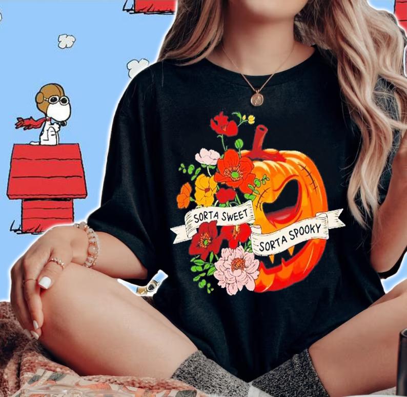 Sweet Sorta Spooky Flower Pumpkin Halloween T-Shirt t-shirt woman shirt