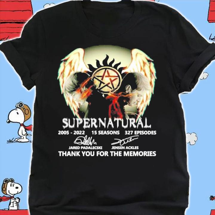 Supernatural 2005-2022 15 Seasons 327 Episodes Signatures Thank You For The Memories Shirt t-shirt