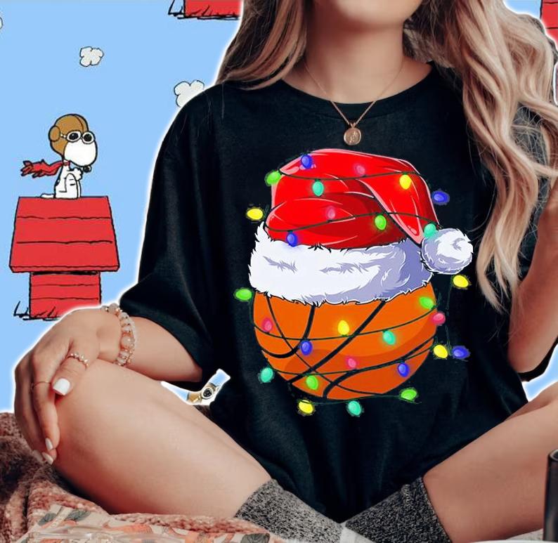 Basketball Santa Hat Christmas Lights Funny Sport T-Shirt t-shirt woman shirt