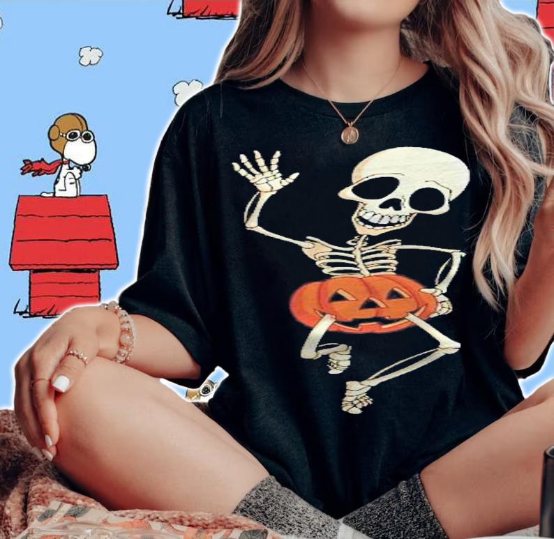 Funny Happy Halloween Pumpkin Skeleton Gift Shirt woman shirt