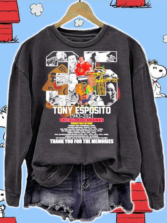 Tony Esposito 1943-2021 Chicago Blackhawks hockey hall of fame signature shirt sweatshirt