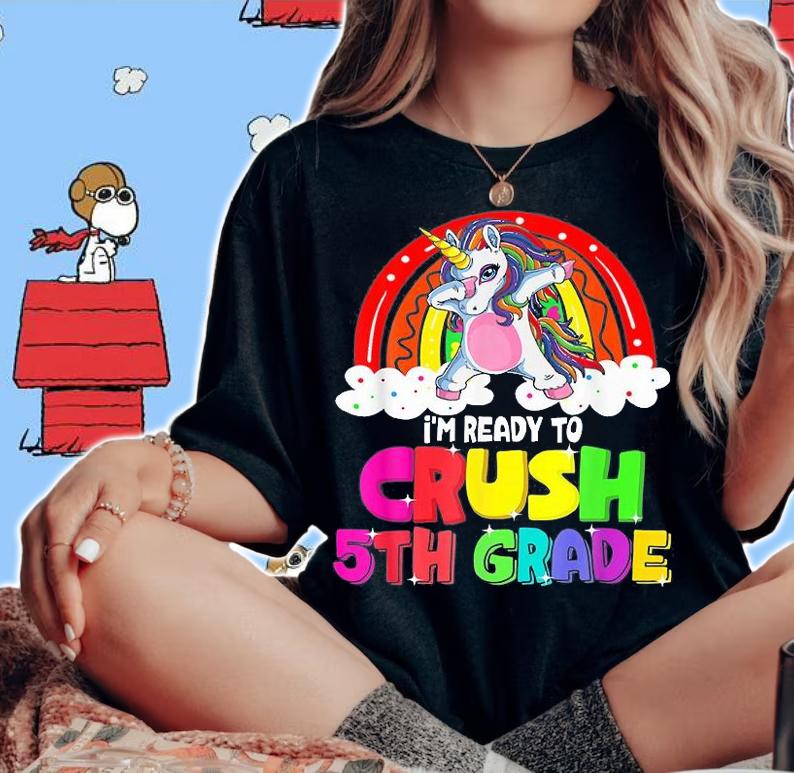 Cute Unicorn Dabbing I'm Ready To Crush 5Th Grade Team Back To School T-Shirt woman shirt