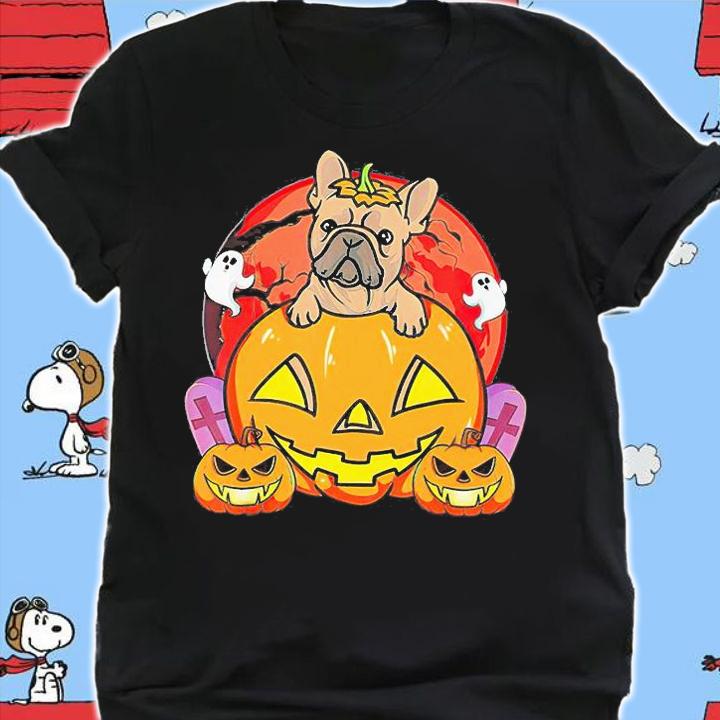 French Bulldog Halloween and Ghost Boo T-Shirt - Trick or Treat, Frenchie Dog halloween presents, pumpkin hat womens shirt