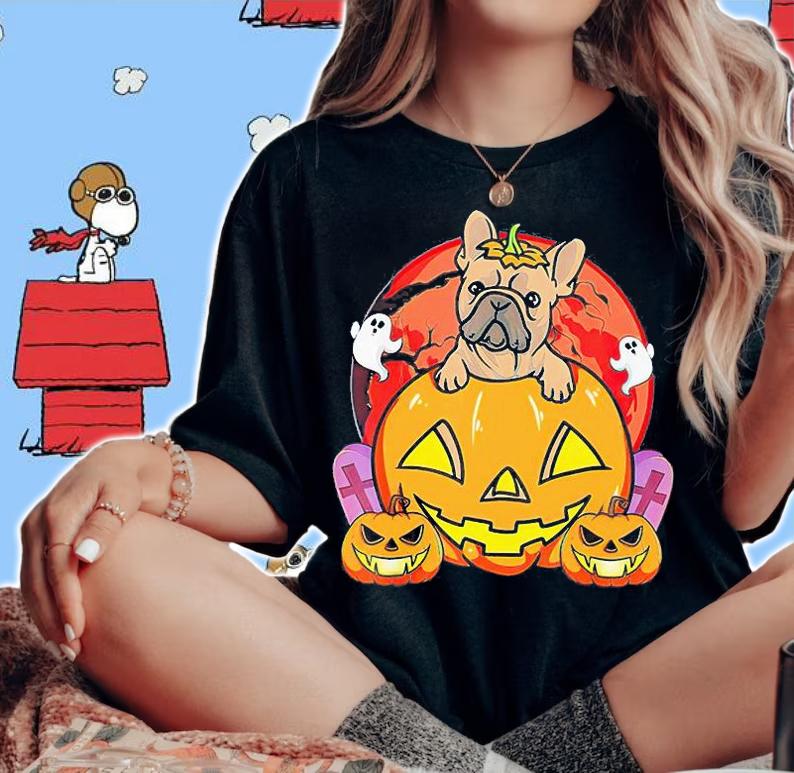 French Bulldog Halloween and Ghost Boo T-Shirt - Trick or Treat, Frenchie Dog halloween presents, pumpkin hat womens woman shirt