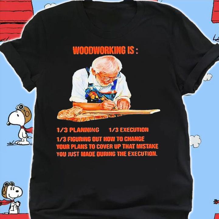 Carpenter woodworking is planning execution figuring out how to change T-shirt shirt