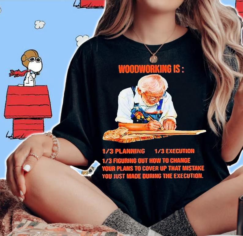 Carpenter woodworking is planning execution figuring out how to change T-shirt woman shirt