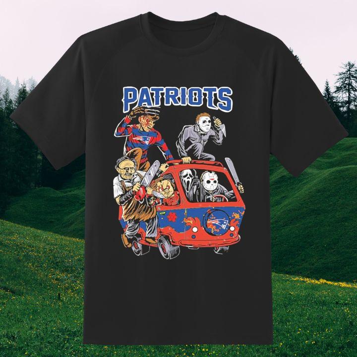 Funny New England Patriots Horror Movie Characters Driving Bus Halloween T-Shirt