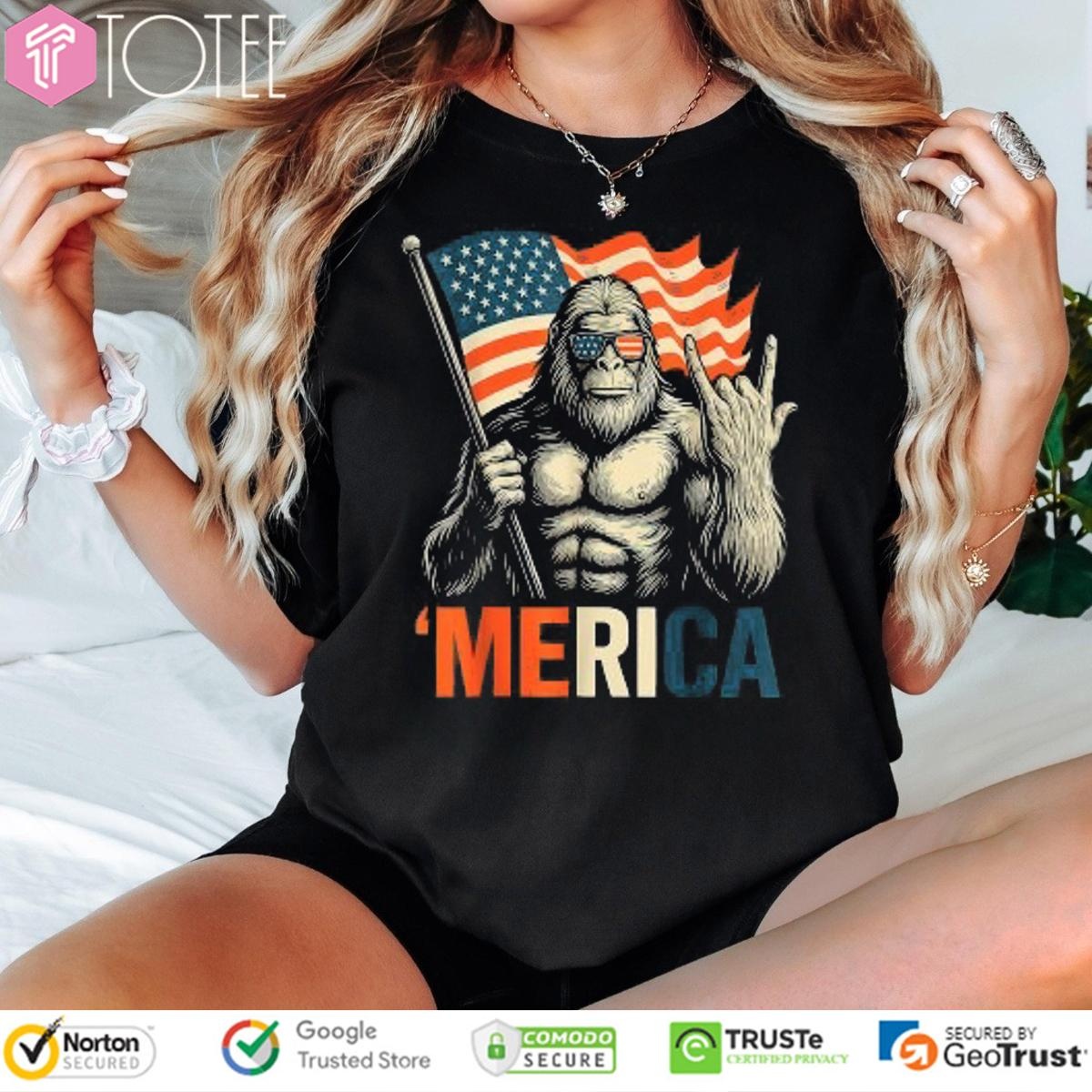 Bigfoot Patriotic Merica Rock Sign American Flag Happy 4Th Of July T-shirt