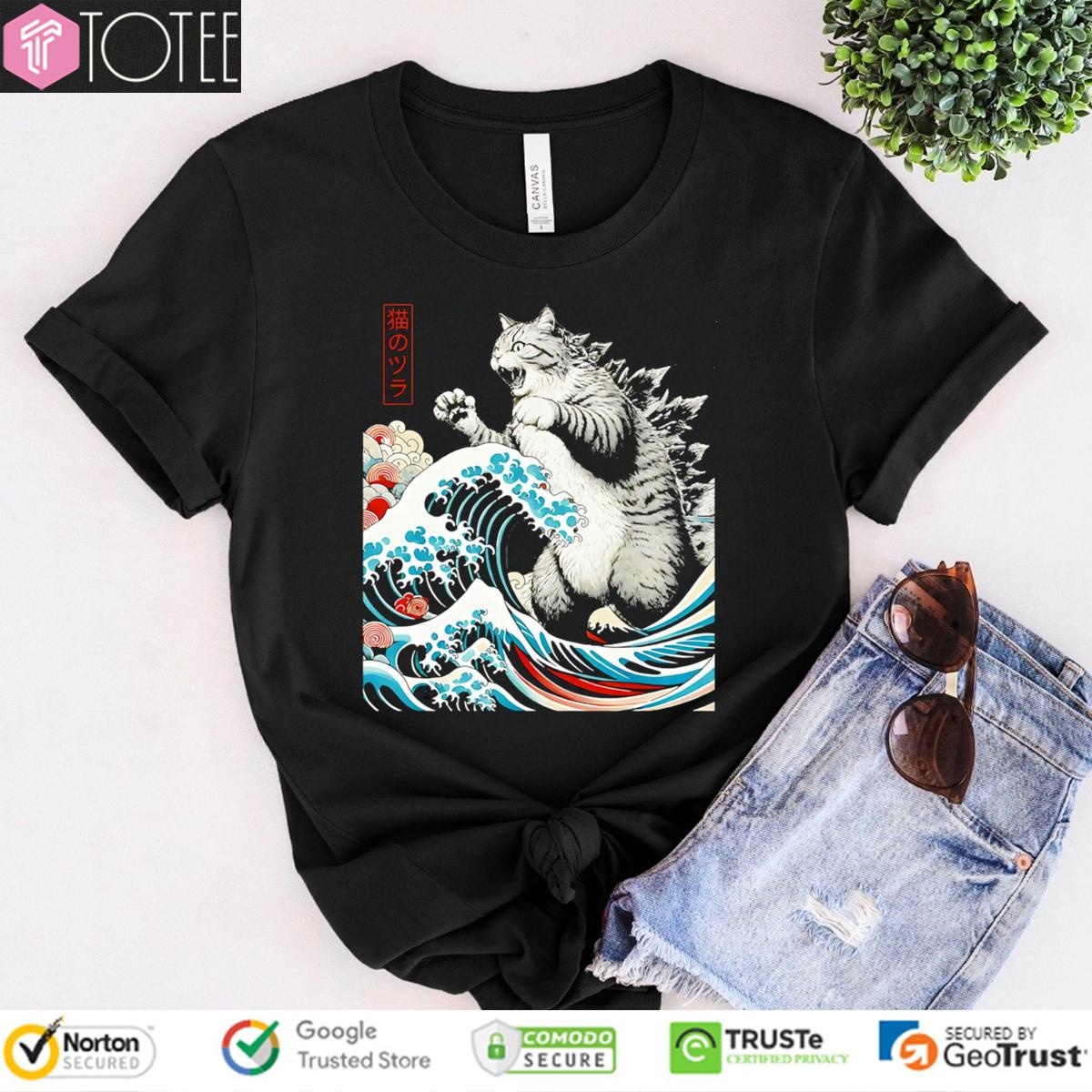 Catzilla Waves Ukiyo-E Parody Godzilla Cat T-shirt